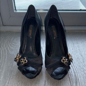 Louis Vuitton Black Heels with Gold Embellishments